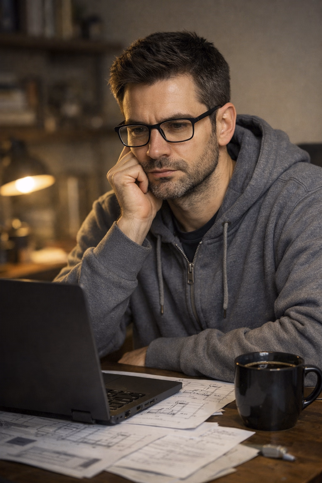 Alex Grant, a 35-year-old man with sharp features and glasses, looks thoughtfully at a laptop screen in a quiet home office. He wears a comfortable grey hoodie and has a weary but intelligent look in his eyes. A mug of black coffee sits on the desk amidst blueprints and notes.