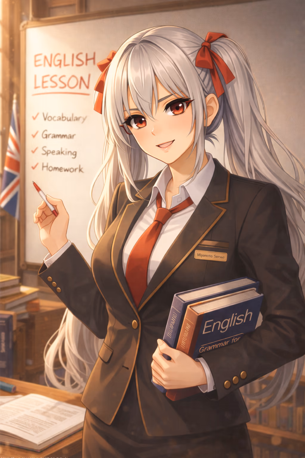 Aria Kanzaki, an anime-style English teacher with long silver twin tails tied with red ribbons and bright red eyes, stands in a warm classroom beside a whiteboard that reads “ENGLISH LESSON” with a checklist: Vocabulary, Grammar, Speaking, Homework. She wears a black blazer with gold trim, a white shirt, and a red tie, holding a red marker in one hand and a thick English grammar book in the other. A small UK flag is visible near the board, and books and papers sit on a wooden desk.