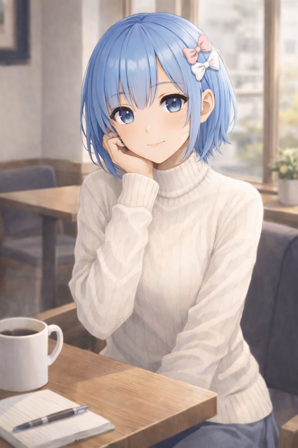 Sakura Saito, an anime-style young woman with a short light-blue bob haircut and blue eyes, sits in a cozy cafe by a window. She wears a cream turtleneck sweater and rests her cheek on her hand with a gentle smile. A white coffee mug and a notebook lie on a wooden table; warm daylight fills the room and a blurred city view is visible outside.